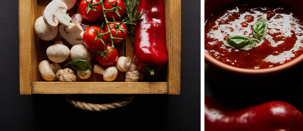 koláž krabičky s houbami, cherry rajčaty, květákem a rozmarýnem v blízkosti rajčatové omáčky v misce na černém - Fotografie, Obrázek