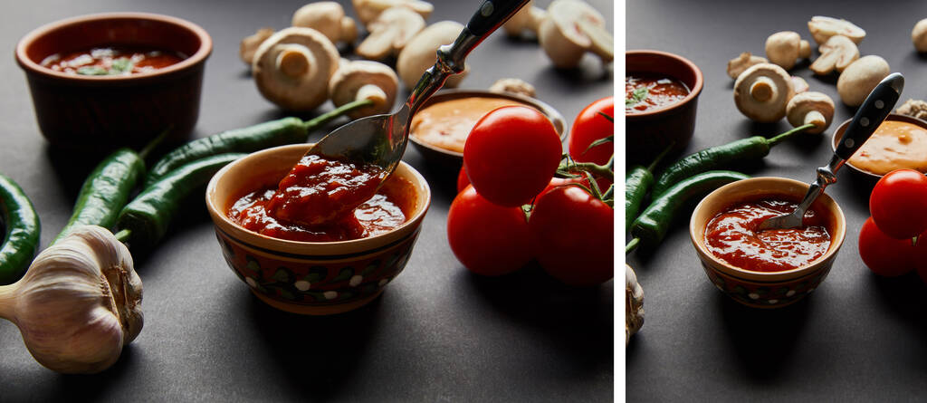 collage de cuillères dans des bols avec des sauces tomate et moutarde près de légumes mûrs et frais sur noir
 - Photo, image