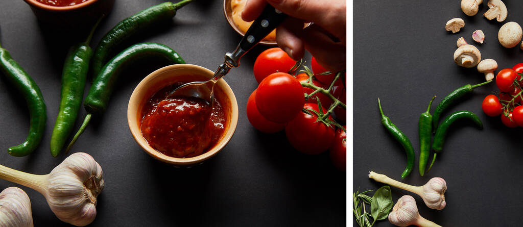 colagem de uma pessoa segurando colher perto de molho de tomate saboroso e legumes em preto
 - Foto, Imagem