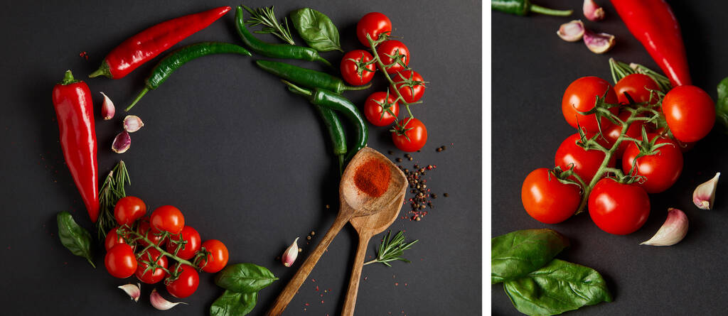 collage de tomates cherry maduros, dientes de ajo, romero, granos de pimienta, hojas de albahaca y chiles verdes sobre negro
 - Foto, Imagen