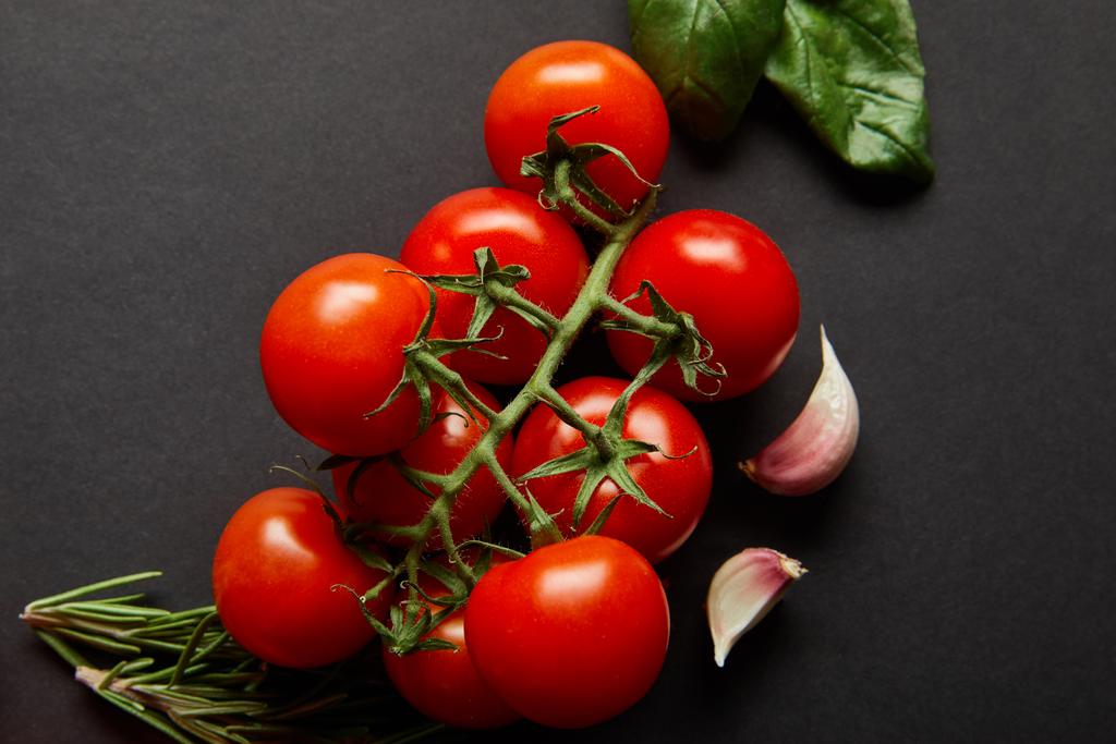 Organik kiraz domatesleri, fesleğen yaprakları, biberiye ve siyah sarımsak karanfilleri. - Fotoğraf, Görsel