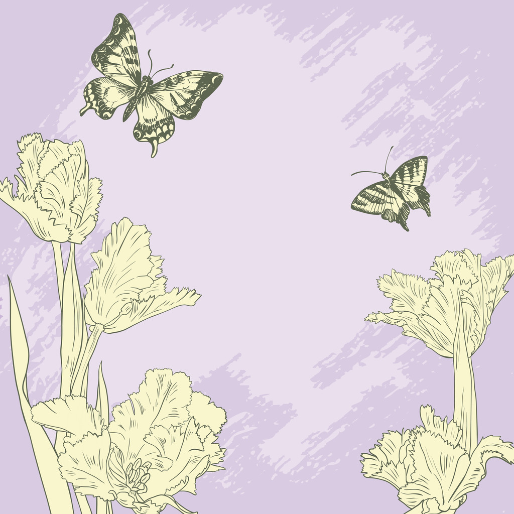 Vintage kaart met vlinders en tulpen - Vector, afbeelding