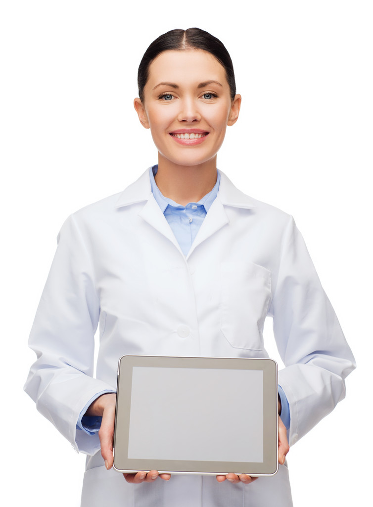 Женщина-врач с чистым черным экраном планшета ПК
 - Фото, изображение