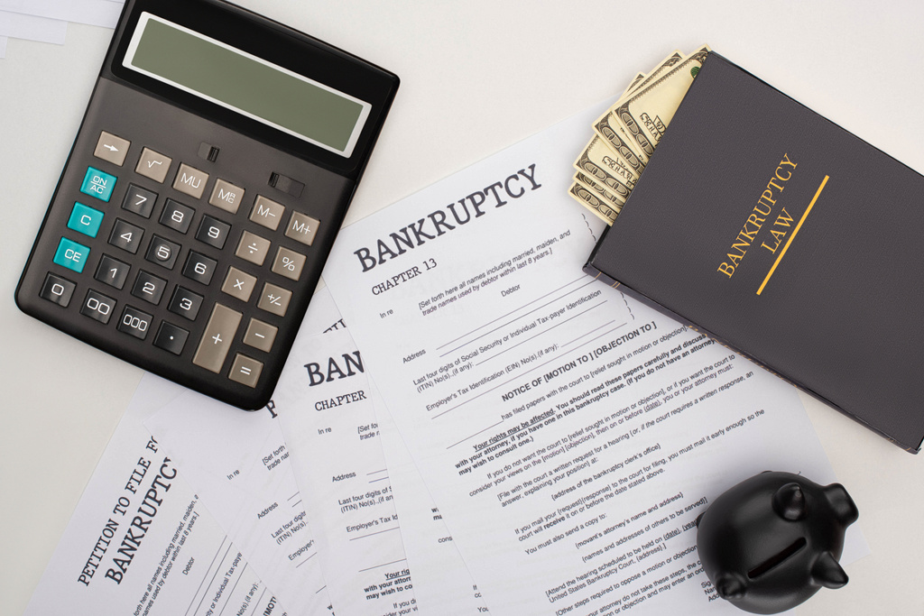 bovenaanzicht van faillissementspapieren, wetboek met geld, rekenmachine en spaarvarken op witte achtergrond - Foto, afbeelding