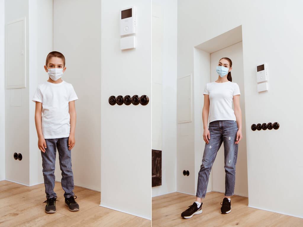 Koláž matky a syna v lékařských maskách při pohledu do kamery na chodbě  - Fotografie, Obrázek