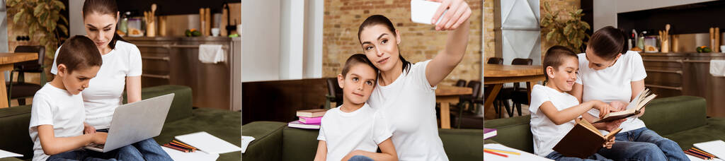 Koláž matky a syna pomocí notebooku, čtení knih a brát selfie s chytrým telefonem doma  - Fotografie, Obrázek