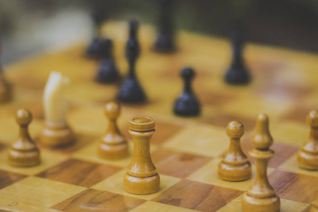Чорно-білі фігури на дерев'яній шаховій дошці для гри в шахи - Фото, зображення