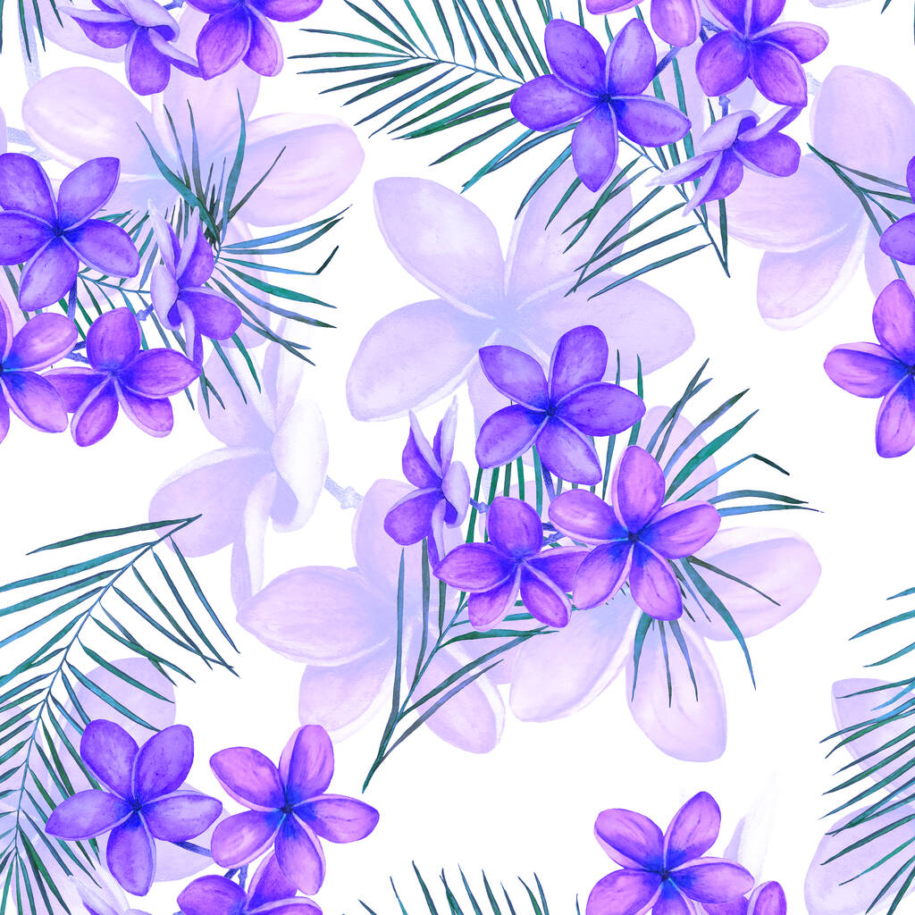 Dekoratív virágos zökkenőmentes patern akvarell trópusi virágok. Pluméria. Színes nyári természet háttér. - Fotó, kép