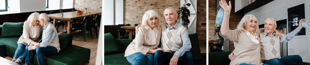 Kolaj yaşlı çiftle evde oturup kendilerini izole etmek, yatay konsept... - Fotoğraf, Görsel
