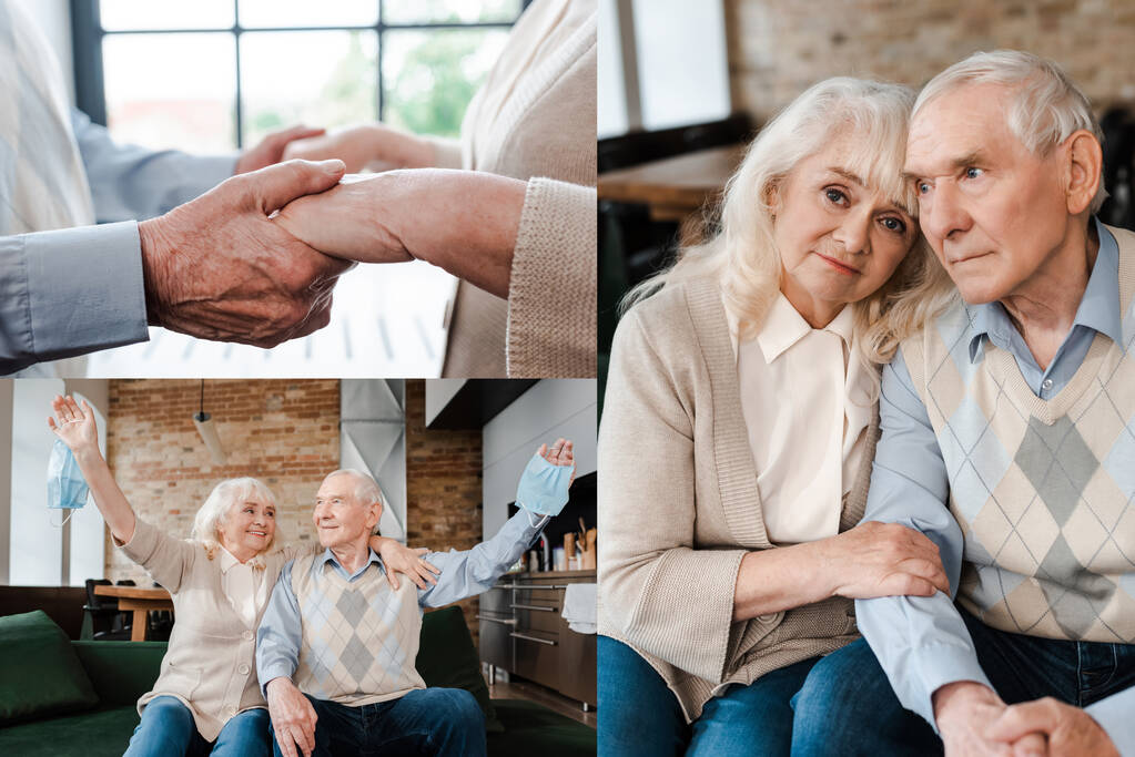 kollaasi, jossa iäkäs pari pitää kädestä, pitää lääketieteellisiä naamioita ja istuu kotona itsensä eristämisen aikana - Valokuva, kuva