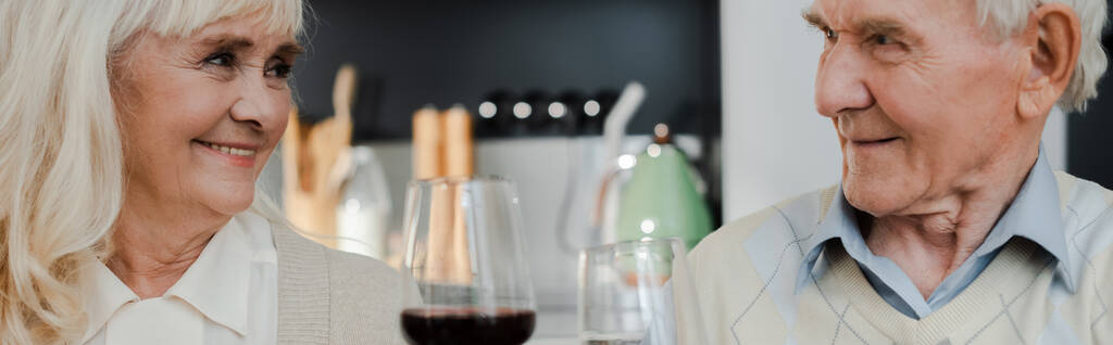 šťastný seniorský pár pije víno doma na vlastní izolaci, panoramatický koncept - Fotografie, Obrázek