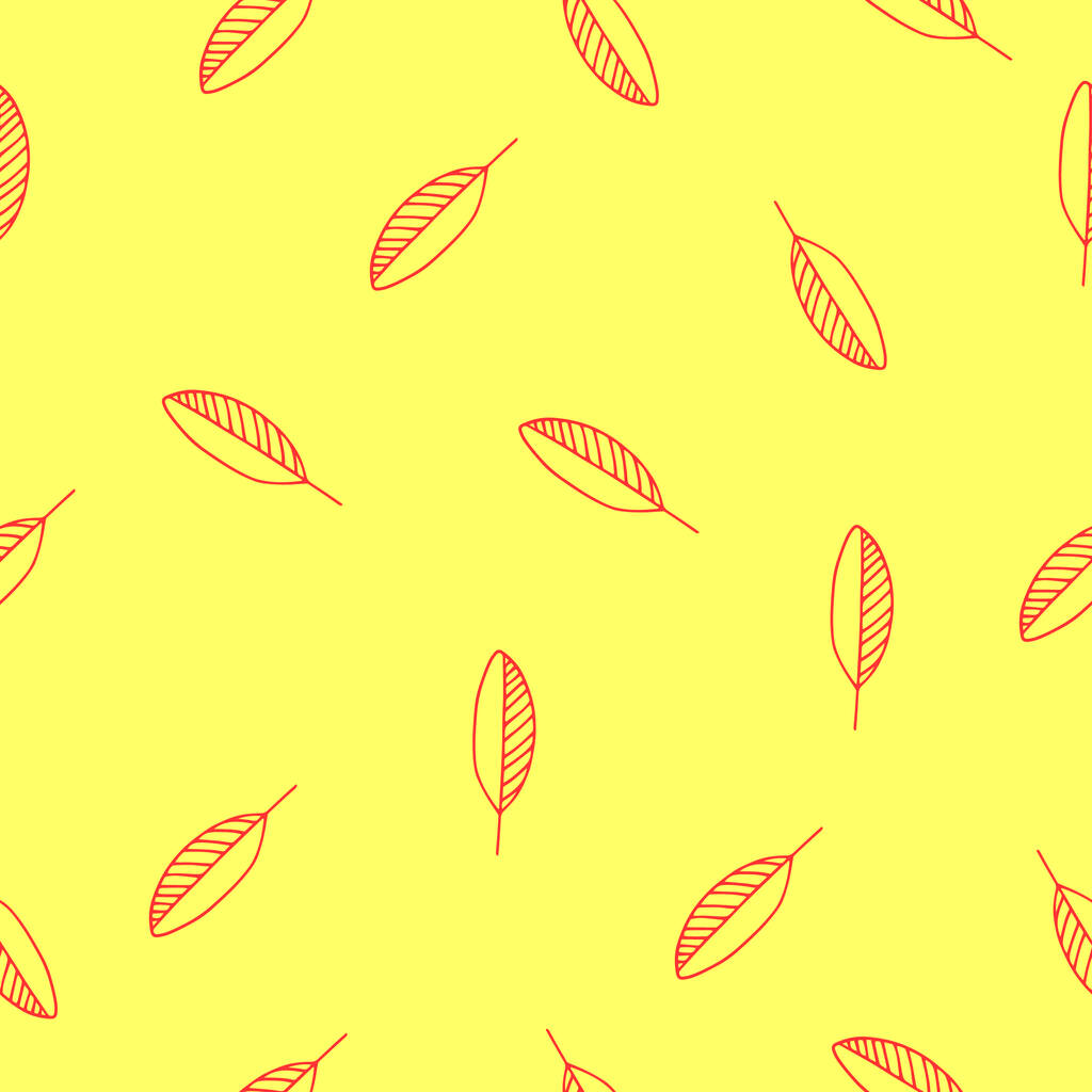 黄色の背景に小さな赤い葉を描いた手のシームレスなパターン。印刷デザインのためのベクトルイラスト. - ベクター画像