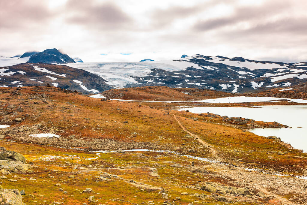 Letni krajobraz gór w Norwegii. Krajowa trasa turystyczna 55 Sognefjellet z Lom do Gaupne. - Zdjęcie, obraz
