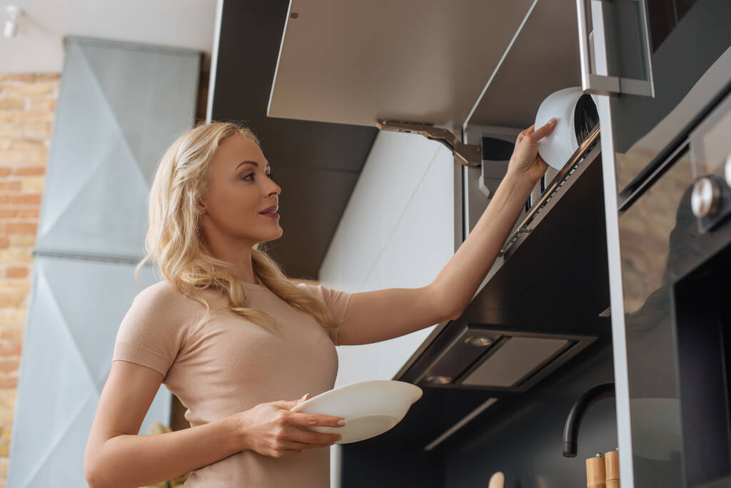 mladá hospodyňka dávat čisté talíře na stojan v kuchyni - Fotografie, Obrázek