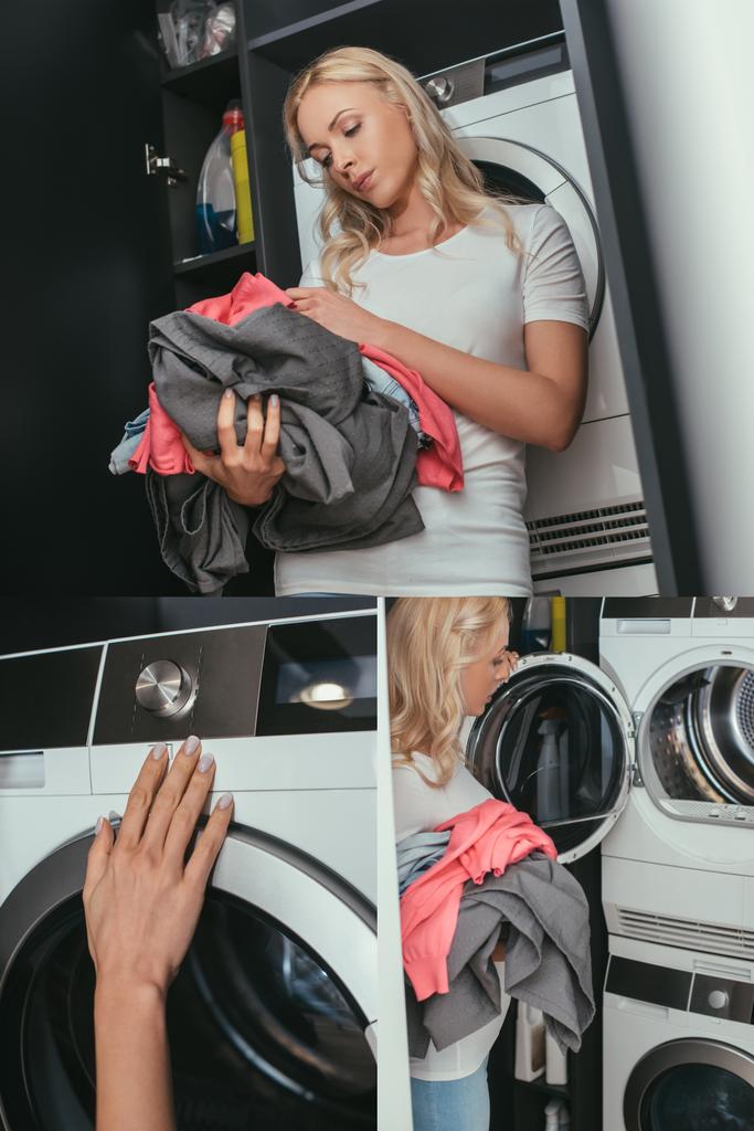 collage de jeune femme au foyer tenant buanderie près de la machine à laver
 - Photo, image