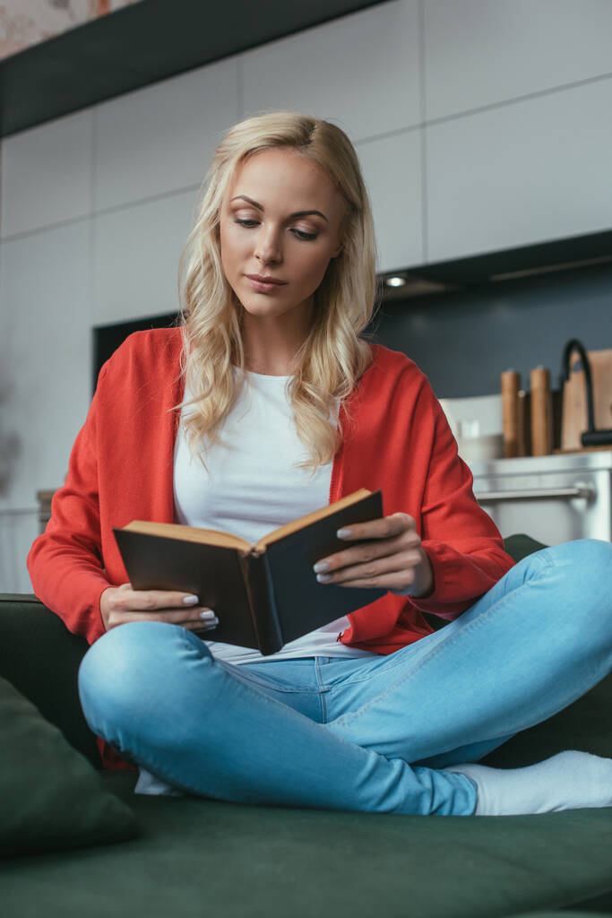 attentive young woman sitting on sofa with crossed legs and reading book  - Photo, Image