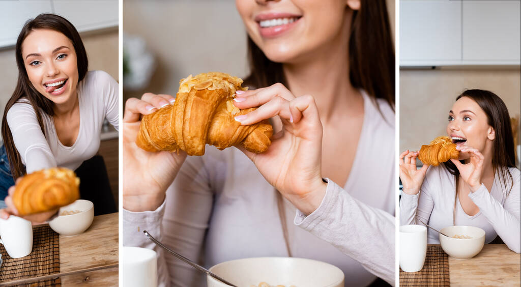 collage di felice ragazza holding croissant e attaccare fuori lingua
  - Foto, immagini