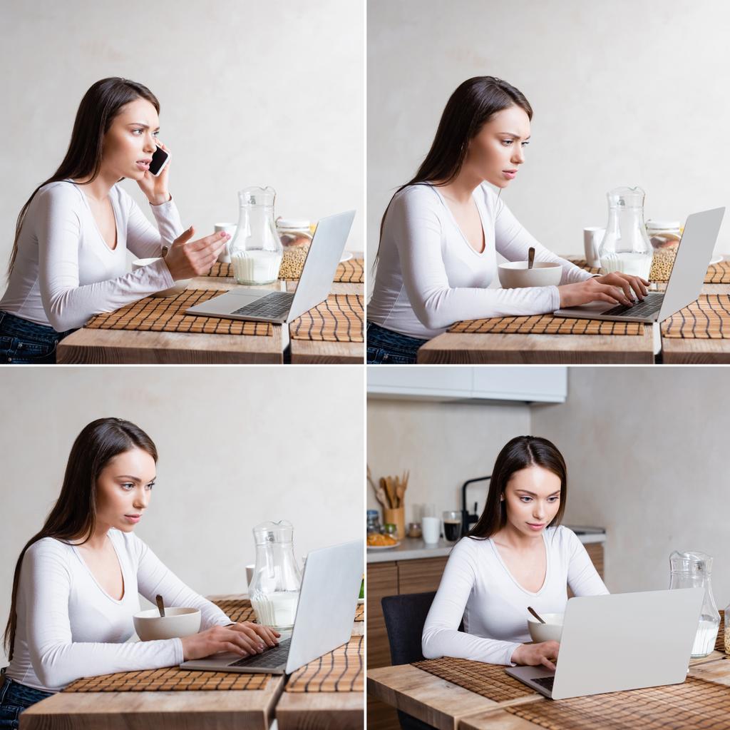 collage of freelancer talking on smartphone near laptops and breakfast  - Photo, Image