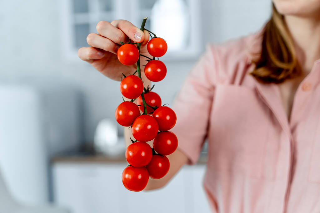 Femme tenant des tomates cerises mûres dans les mains. Fond de cuisine. Image recadrée. Aliments sains. - Photo, image
