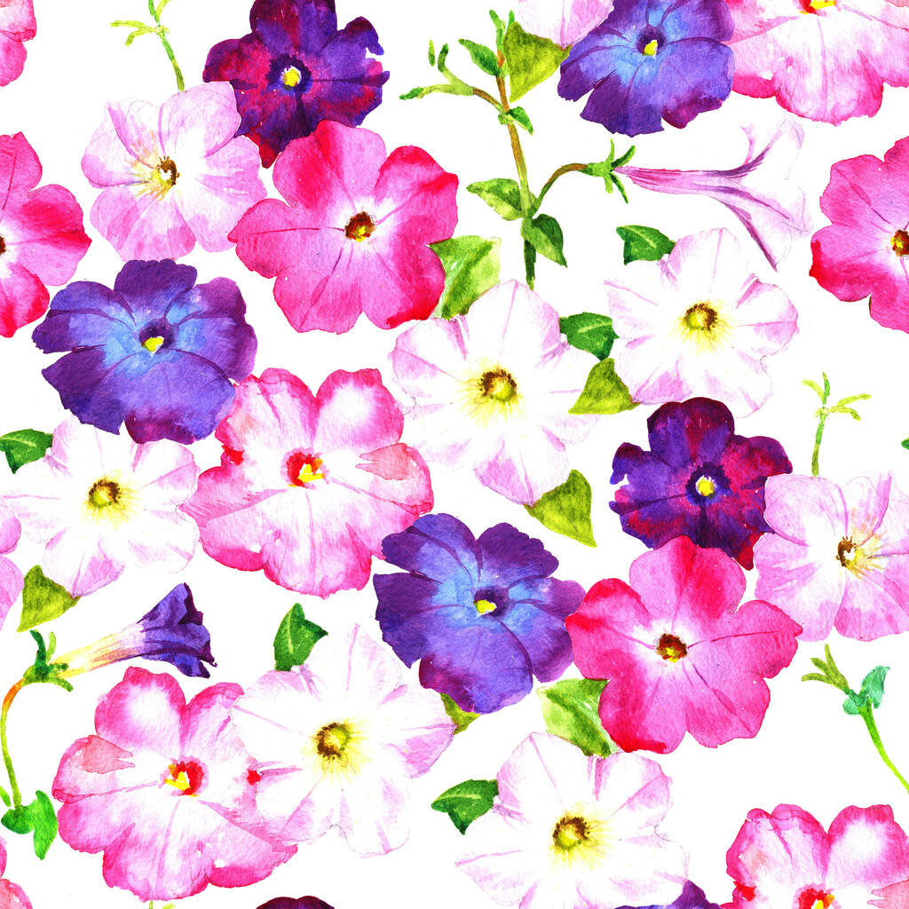 Πετούνια ροζ και λιλά λουλούδια, ράστερ υδατογραφία αδιάλειπτη μοτίβο για κλωστοϋφαντουργικά προϊόντα, χαρτί περιτυλίγματος, ευχετήρια κάρτα. - Φωτογραφία, εικόνα