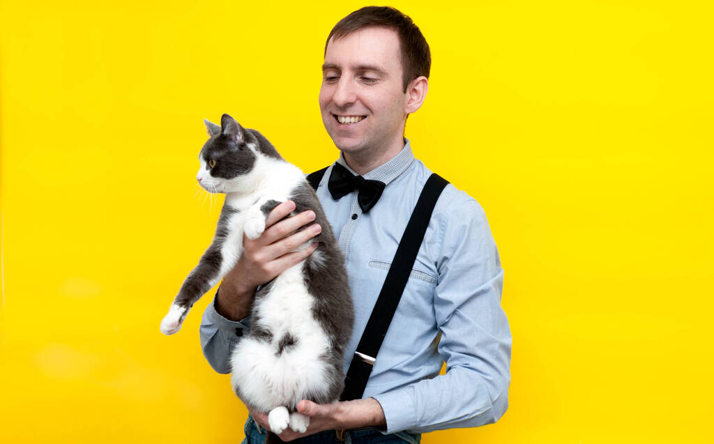 mooie lachende man in blauw shirt met lange mouwen houden en kijken naar schattige grijze en witte kat met uitgestrekte poten voor gele achtergrond met kopieerruimte - Foto, afbeelding
