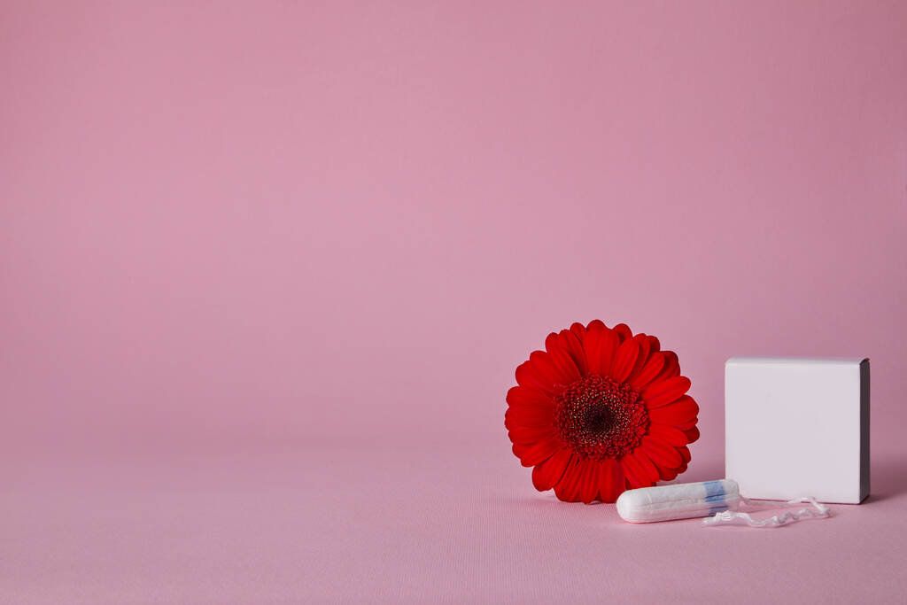 Menstruationstampons und rote Blume isoliert auf rosa Hintergrund, Draufsicht. Kopierraum - Foto, Bild