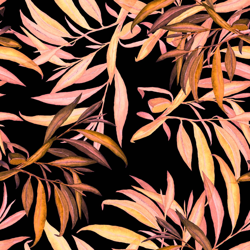 Акварель бесшовный узор с ивовыми листьями. Красивый рисунок. Фон текстуры ткани
.  - Фото, изображение