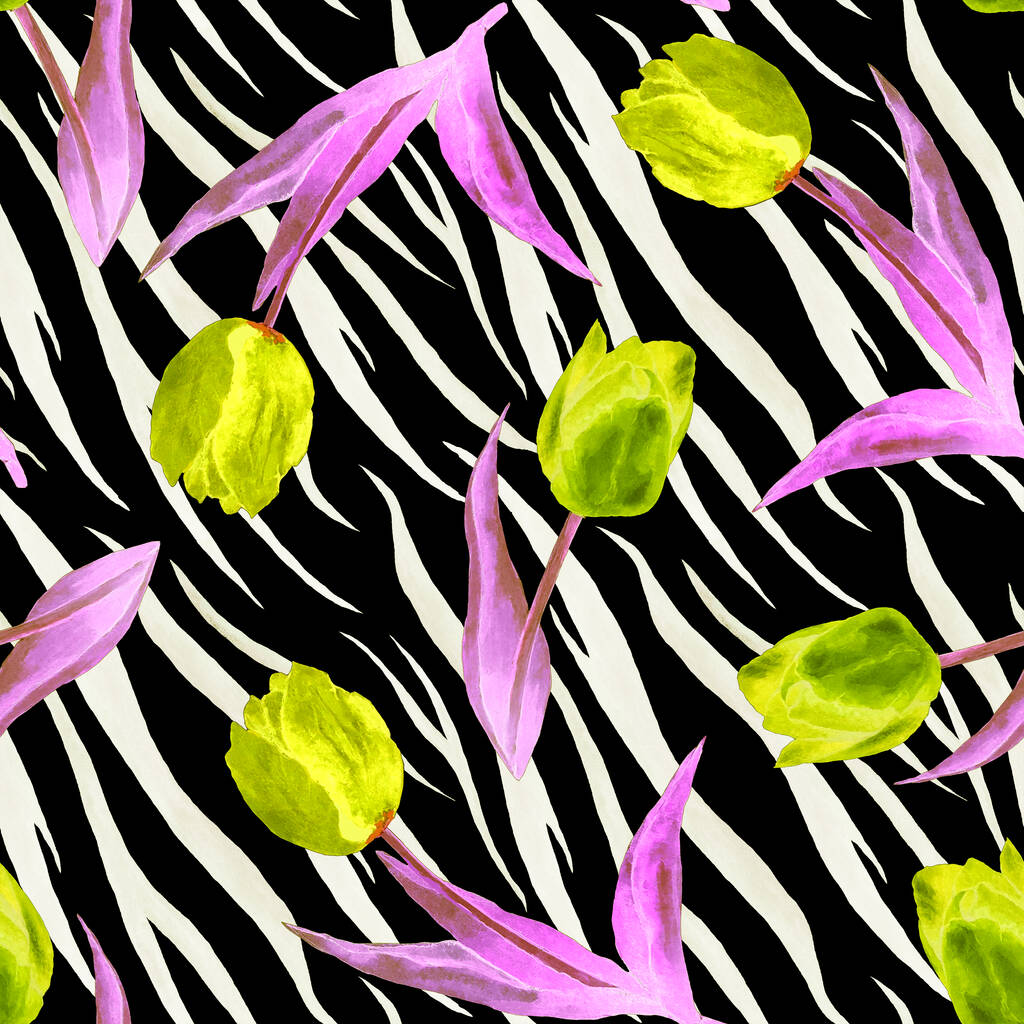 動物の背景にチューリップの花と水彩シームレスパターン。美しい創造的な花のプリント。表面設計のため. - 写真・画像