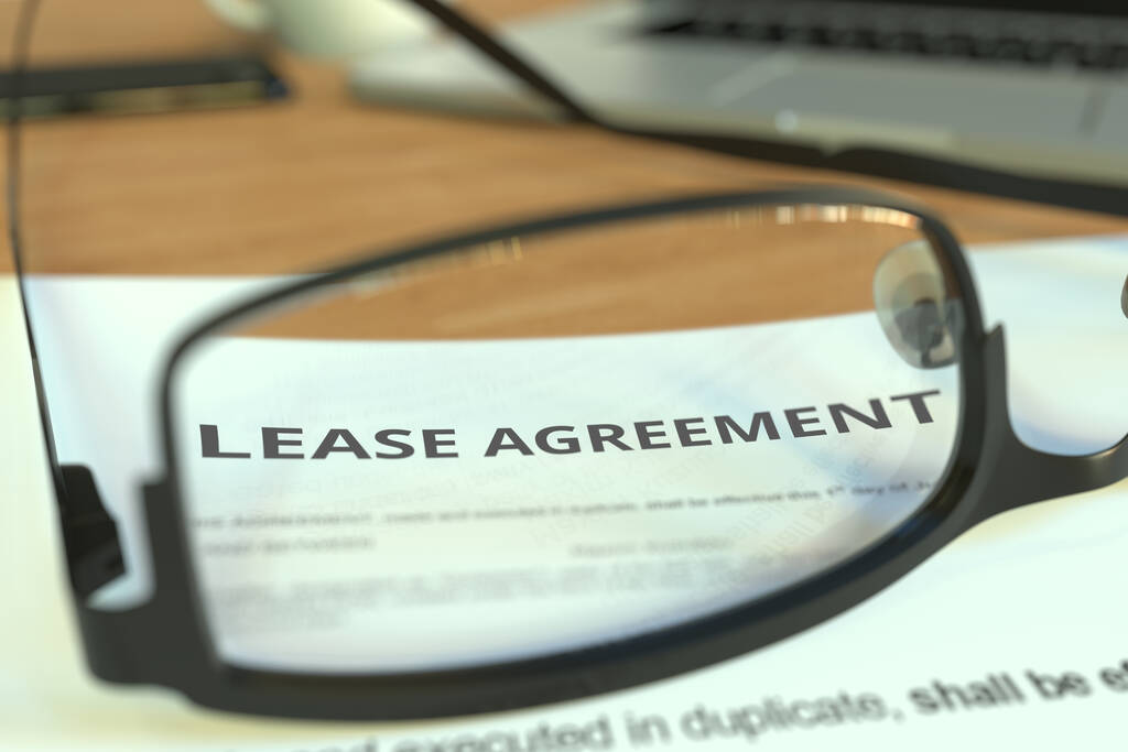 Cópia de um contrato de arrendamento atrás de óculos em uma mesa, renderização 3D
 - Foto, Imagem