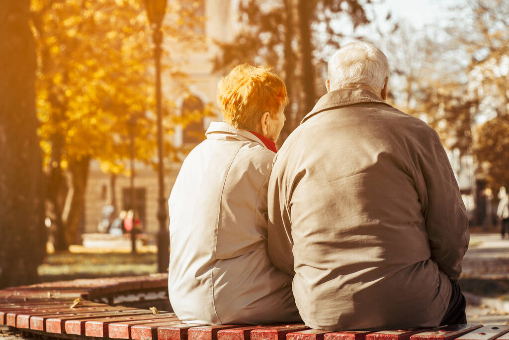 Schönes Portret-Seniorenpaar sitzt im Herbst. - Foto, Bild