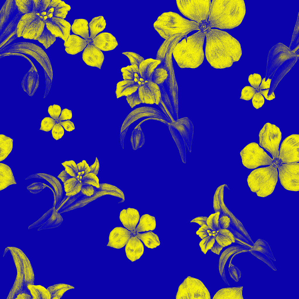 Όμορφη απρόσκοπτη μοτίβο με στυλιζαρισμένα λουλούδια. Βοτανική καλοκαιρινή εκτύπωση. Χειροποίητο με χρωματιστά μολύβια. - Φωτογραφία, εικόνα