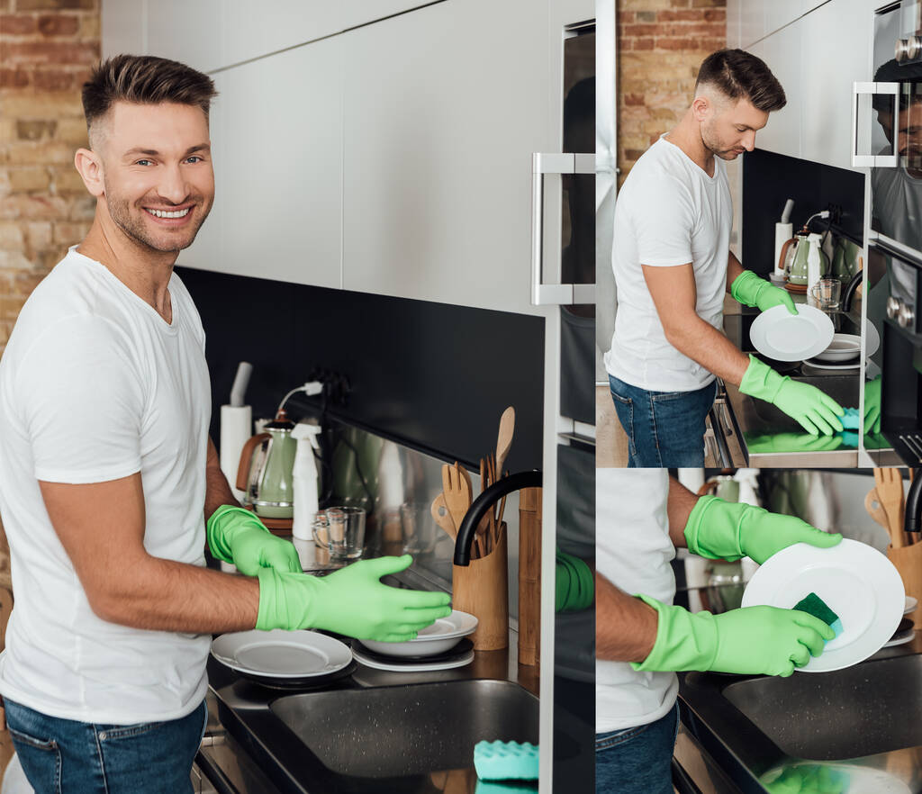 collage van knappe man in rubberen handschoenen afwasborden in keuken  - Foto, afbeelding