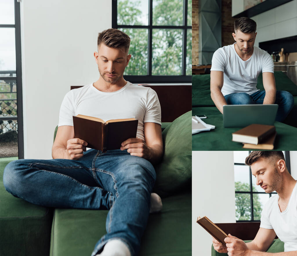 collage van knappe freelancer met laptop in de buurt van smartphone met leeg scherm en leesboeken in de woonkamer  - Foto, afbeelding