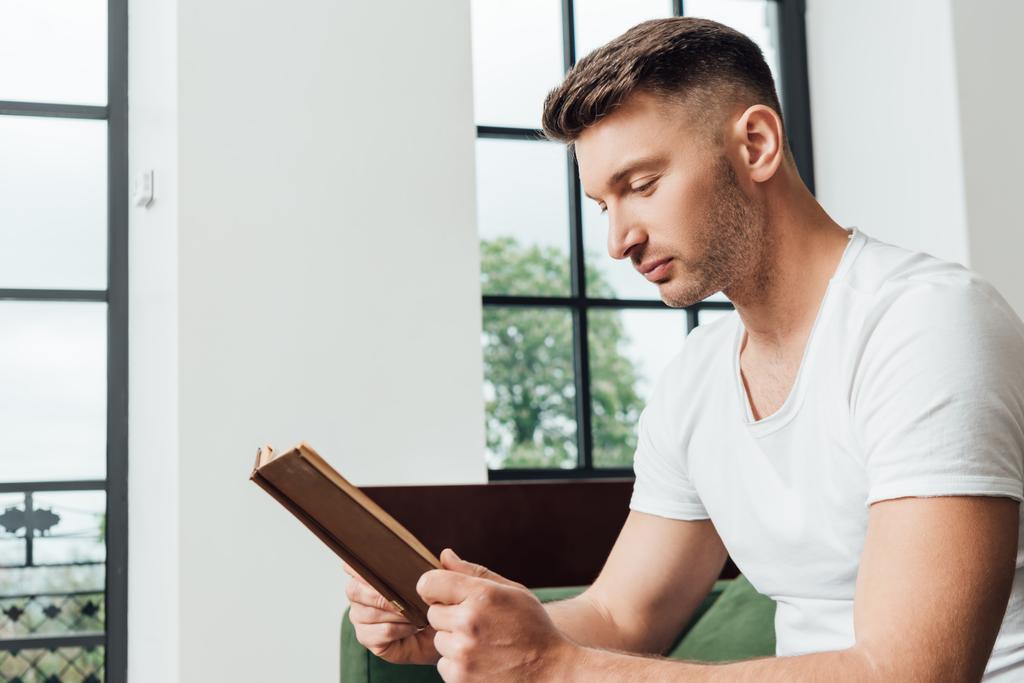 Uomo lettura libro mentre seduto sul divano in soggiorno
 - Foto, immagini