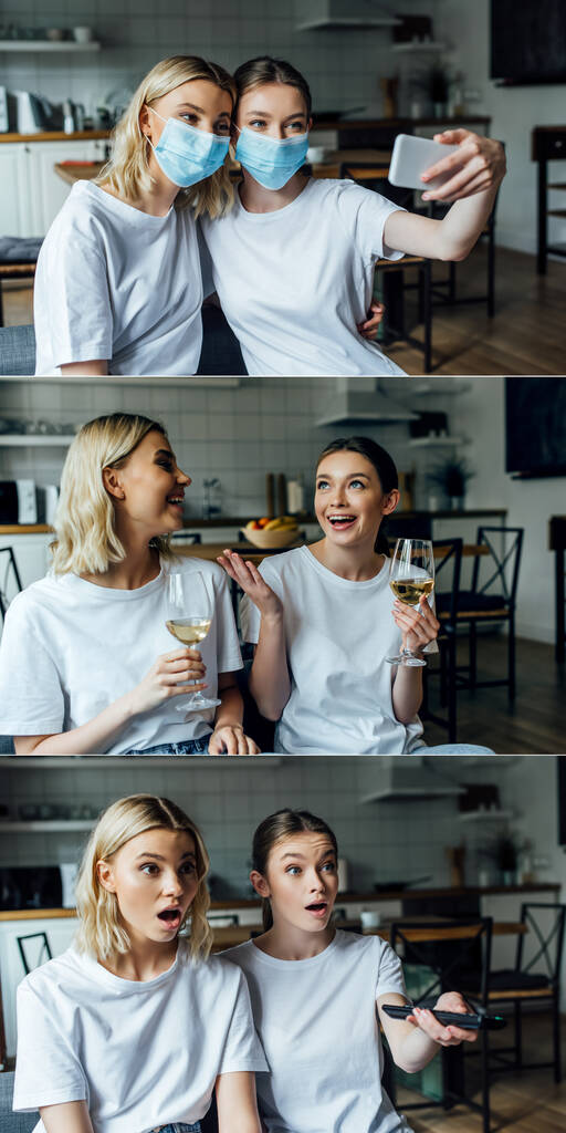Коллаж сестер, делающих селфи со смартфоном, пьющих вино и смотрящих телевизор дома
  - Фото, изображение