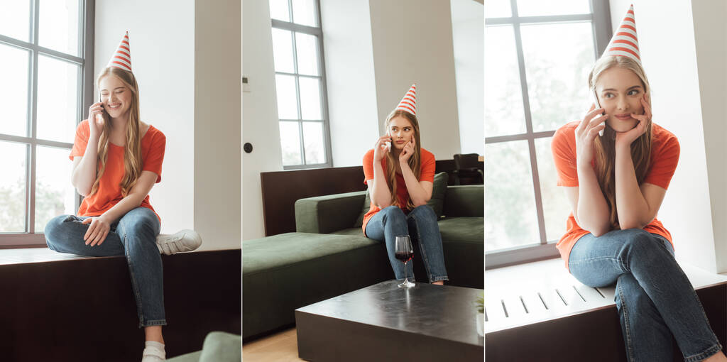 collage de chica emocional en gorras de fiesta sentado y hablando en los teléfonos inteligentes
 - Foto, Imagen