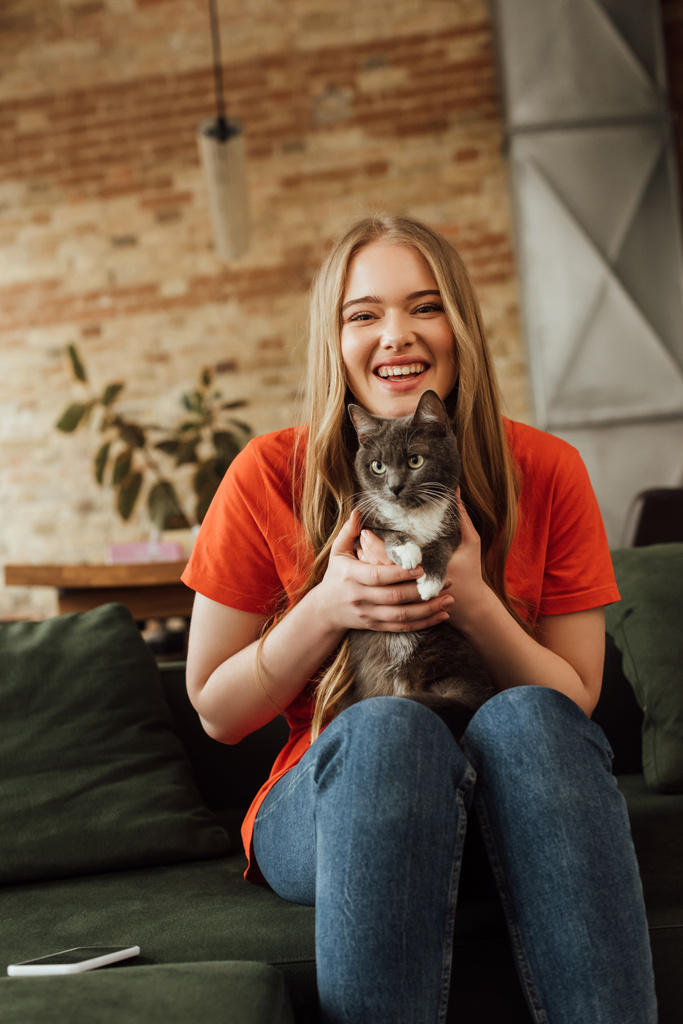 счастливая молодая женщина держит в руках милую кошку рядом со смартфоном на диване
 - Фото, изображение