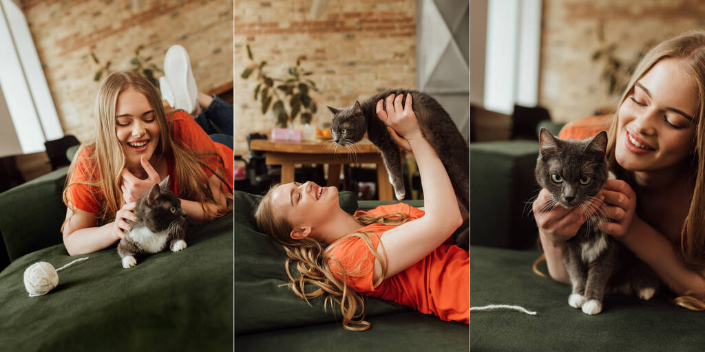 ソファの上に寝そべってる陽気な女のコラージュとリビングで糸の玉の近くでかわいい猫に触れる  - 写真・画像