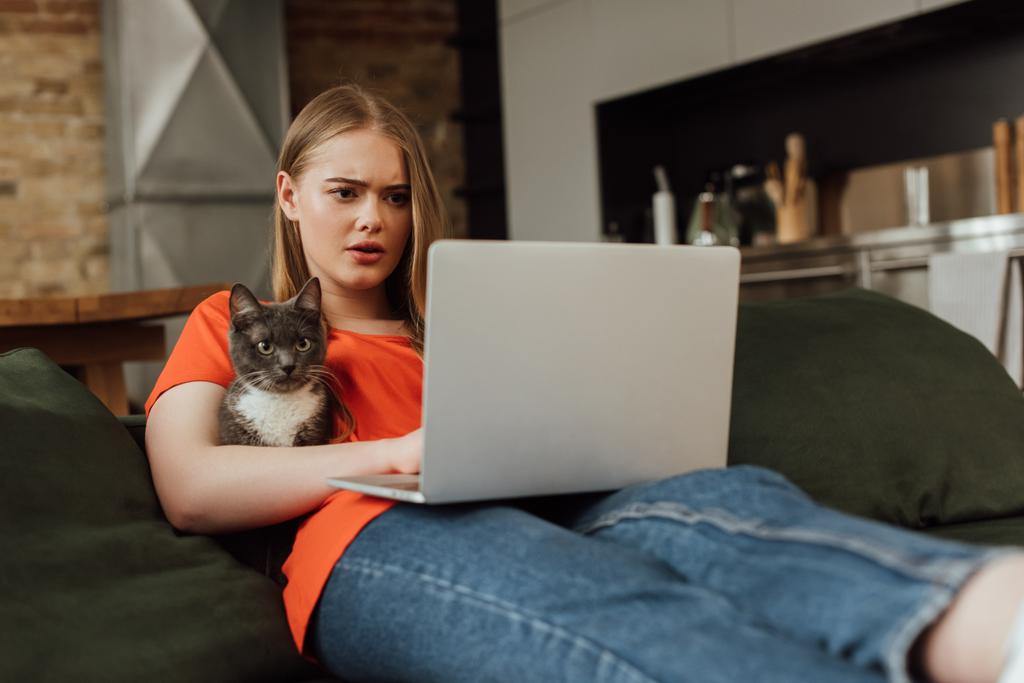 επιλεκτική εστίαση ελκυστική freelancer χρησιμοποιώντας φορητό υπολογιστή κοντά στη γάτα στο σαλόνι  - Φωτογραφία, εικόνα