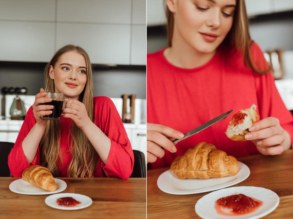 collage of girl holding cup of coffee and knife near tasty croissant - Photo, Image
