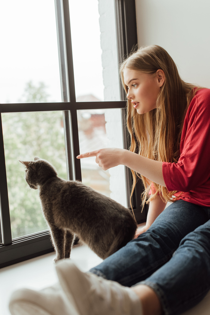 Selektiver Fokus einer jungen Frau, die mit dem Finger auf Fenster in der Nähe einer niedlichen Katze zeigt - Foto, Bild