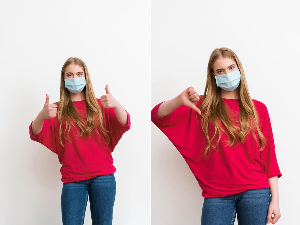 Collage einer jungen Frau in medizinischen Masken, die Daumen nach oben und Daumen nach unten isoliert auf weiß zeigt  - Foto, Bild