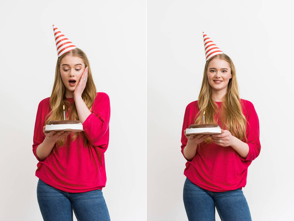 collage of emotional girl in party caps holding tasty birthday cakes with burning candles  - Photo, Image