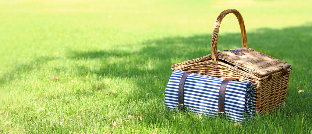 Корзина для пикника с одеялом на зеленой лужайке в саду, место для текста. Баннерный дизайн
 - Фото, изображение