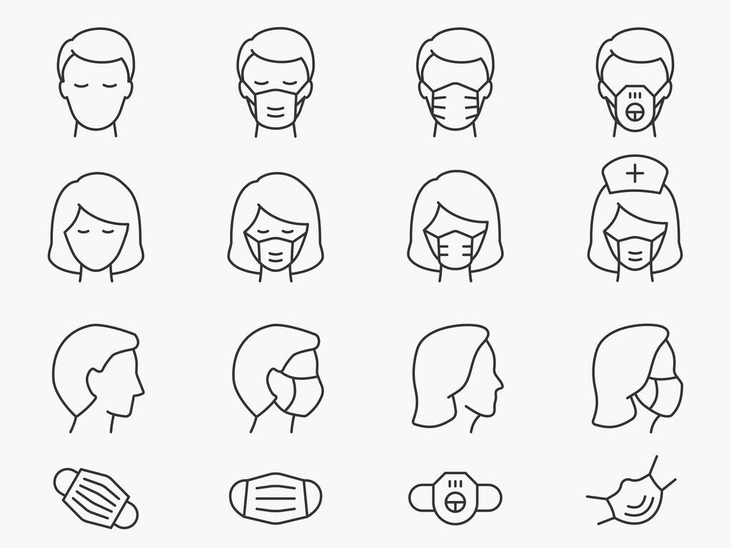 Medical face mask line icons set. Vector illustration on a white background. Editable stroke. - Vector, Image