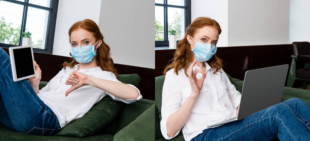 Collage einer Frau in medizinischer Maske, die Okay und Abneigung zeigt, während sie Laptop und digitales Tablet zu Hause benutzt  - Foto, Bild