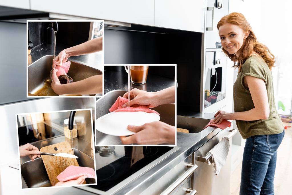 Collage de femme souriante nettoyage plan de travail et lavage vaisselle de nettoyage dans la cuisine
  - Photo, image