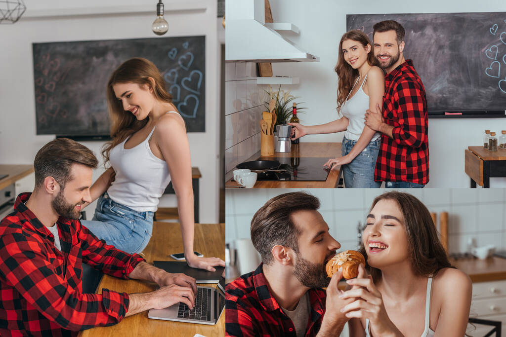 collage of happy young couple making coffee, eating croissant, and smiling freelancer working at laptop while girlfriend sitting on table - Photo, Image