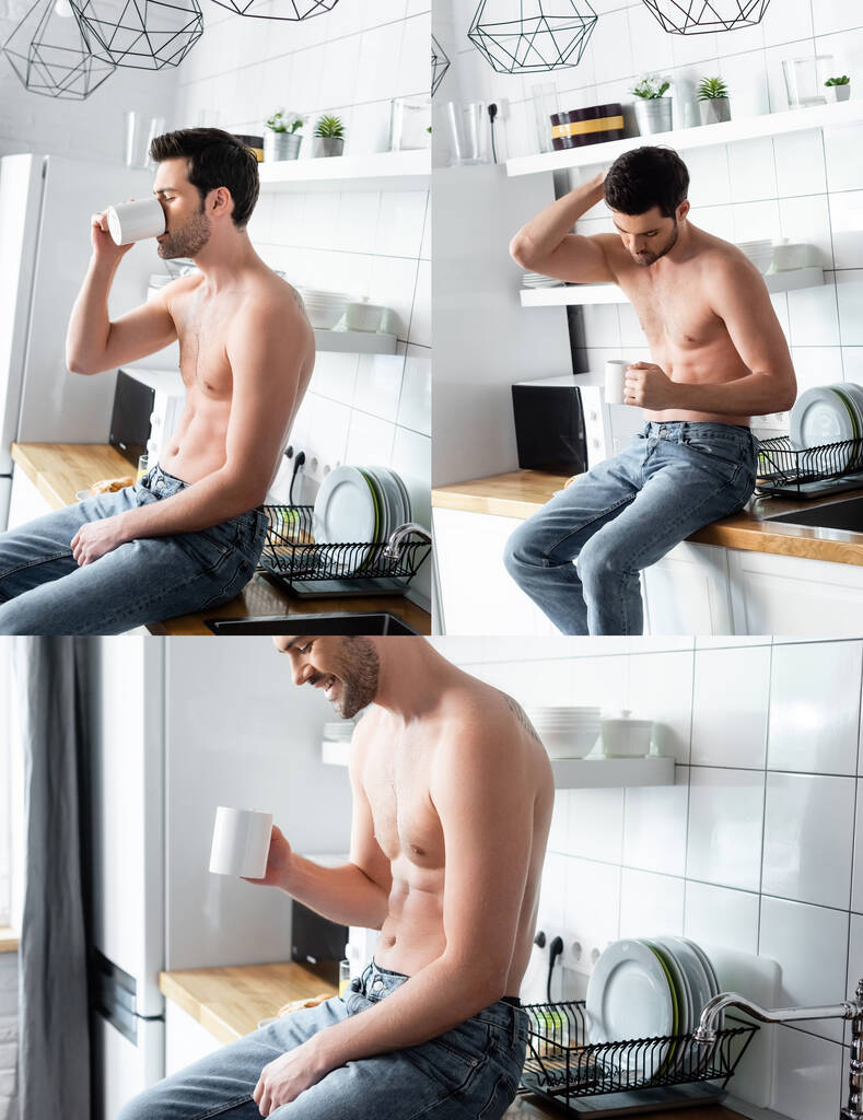 коллаж с улыбающимся мужчиной без рубашки, пьющим кофе на кухне утром
 - Фото, изображение