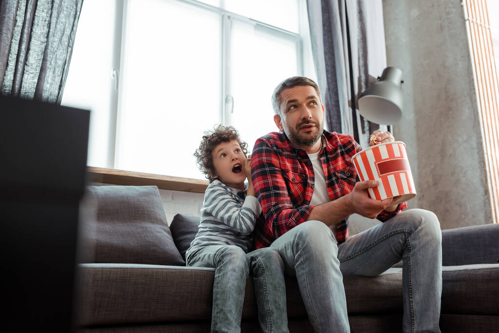 selective focus of scared and curly kid watching movie near father holding popcorn bucket  - Photo, Image